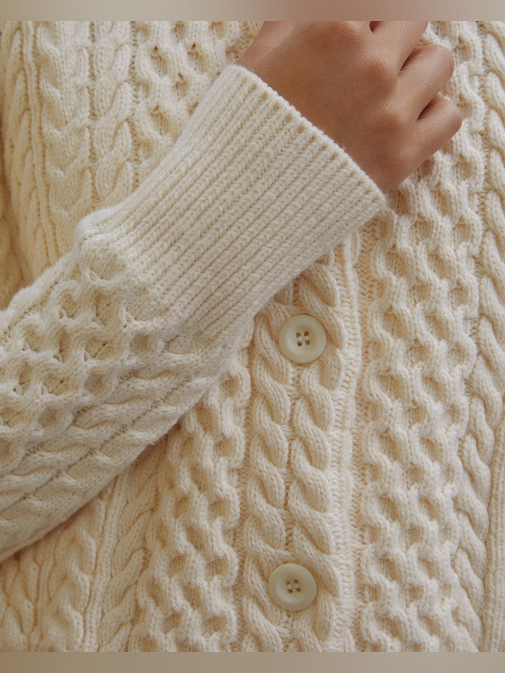 Few Moda Caara “Julianna” Cream Cable-Knit Button Cotton Cardigan Sweater - Picture 4 of 9